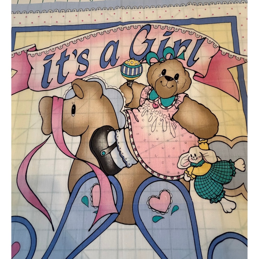 Its a Girl Quilt Fabric Panel Vintage 90s Teddy Bear Rocking Horse Nursery